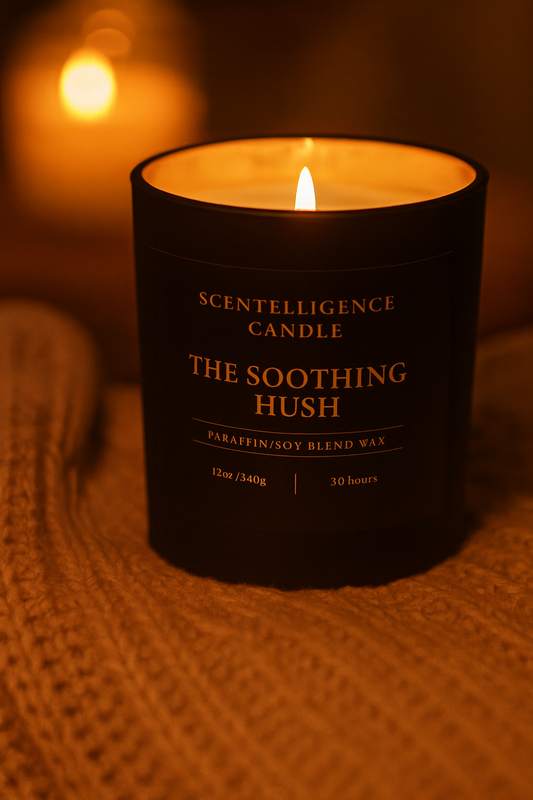 Soothing Hush luxury candle glowing in a warm, calming setting
