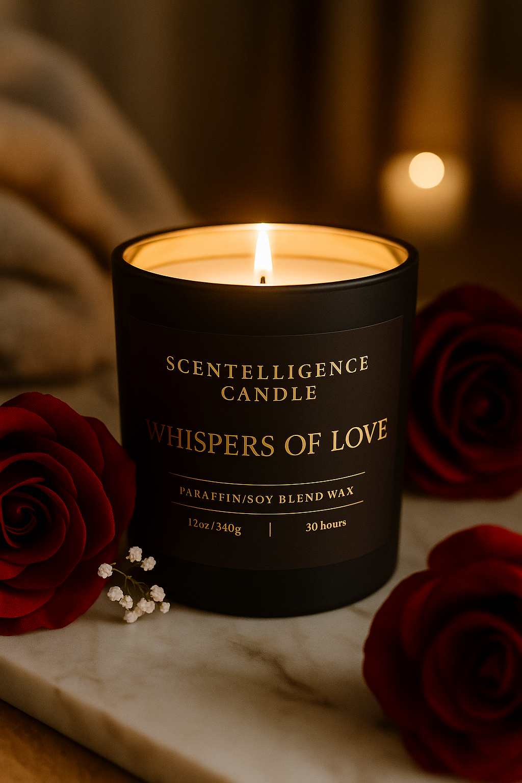 Whispers of Love candle styled in a romantic rose-filled lifestyle background, luxury matte black jar.
