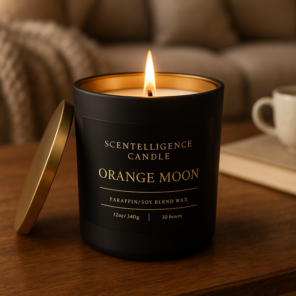 Luxury Orange Moon candle in matte black jar with gold interior, styled in an elevated lifestyle setting.