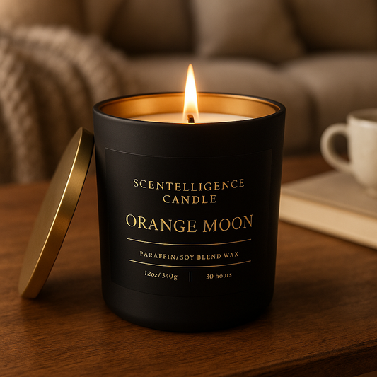 Luxury Orange Moon candle in matte black jar with gold interior, styled in an elevated lifestyle setting.