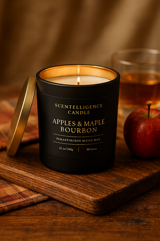 Apples & Maple Bourbon candle styled in a warm autumn lifestyle background with gold interior glow.
