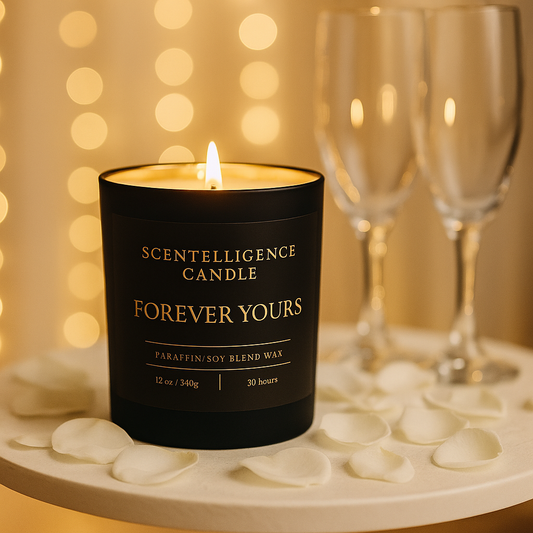 Forever Yours candle styled in a romantic wedding lifestyle setting with champagne flutes and petals.