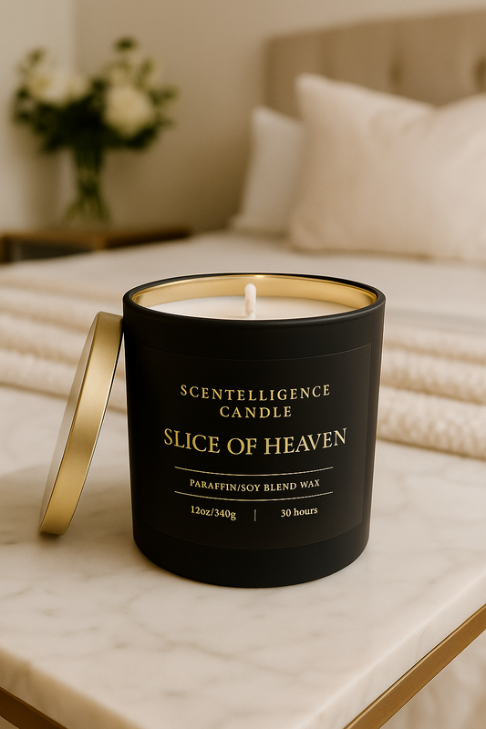 Slice of Heaven candle in a gold-lined matte black jar, captured in a refined lifestyle background.