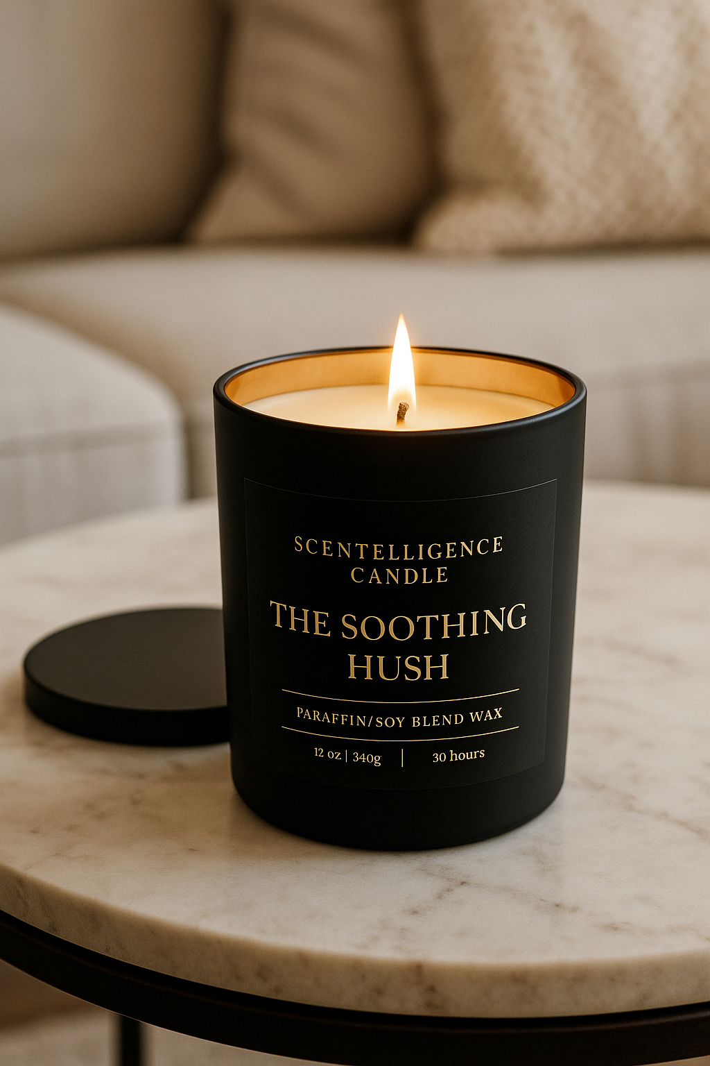 The Soothing Hush candle in matte black jar with gold interior, styled in a calming lifestyle scene.
