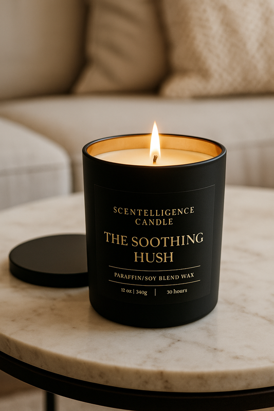 The Soothing Hush candle in matte black jar with gold interior, styled in a calming lifestyle scene.