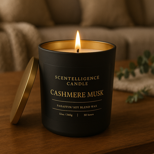 Cashmere Musk candle with gold interior, styled in a cozy luxury background.
