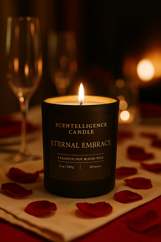 Eternal Embrace candle styled on a romantic dinner table with roses and wine glasses.