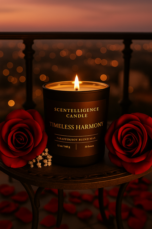 Timeless Harmony candle glowing on a romantic balcony lifestyle scene under city lights.