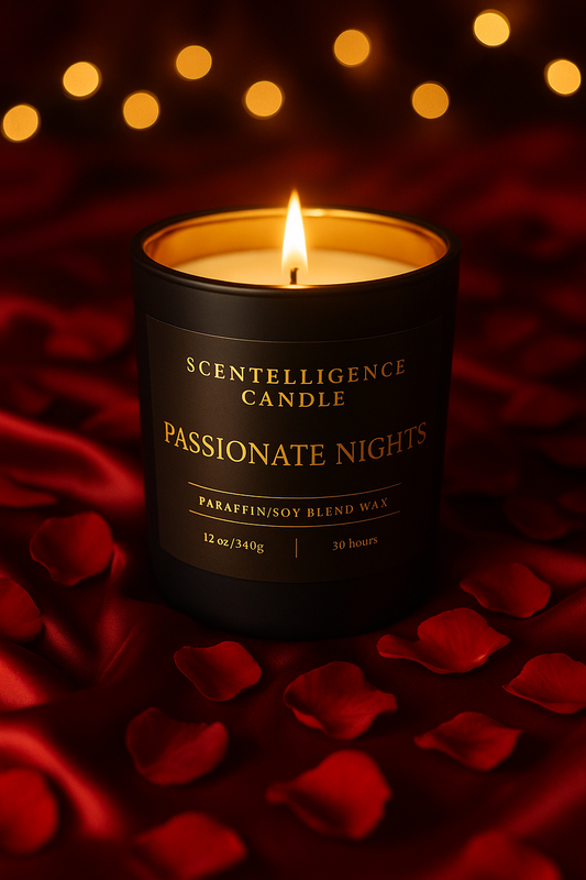 Passionate Nights candle in black jar with gold interior, styled with petals and silk sheets.