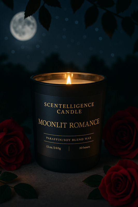 Moonlit Romance candle glowing in a dreamy moonlit garden with starry night background.
