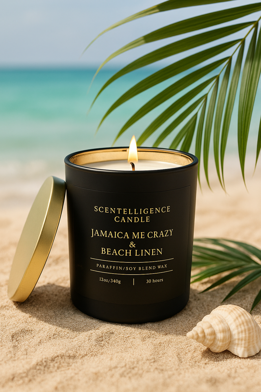 Jamaica Me Crazy & Beach Linen candle styled in a tropical lifestyle background, gold interior glow.