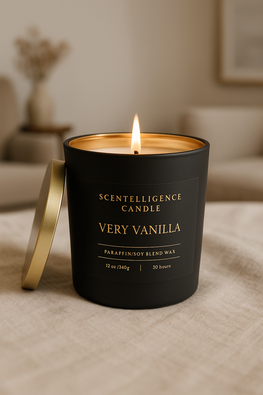 Very Vanilla candle in black jar with elegant gold interior, placed in a soft lifestyle setting.