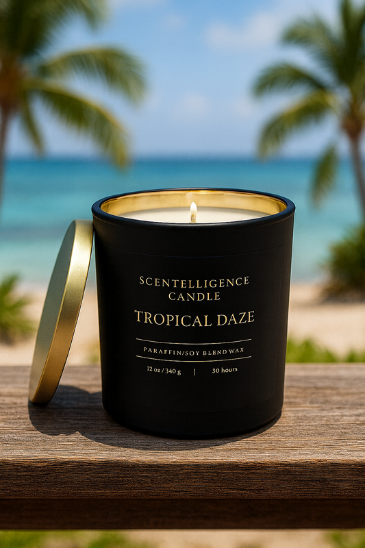 Tropical Daze candle in matte black jar with gold interior, styled in an island-inspired lifestyle setting.
