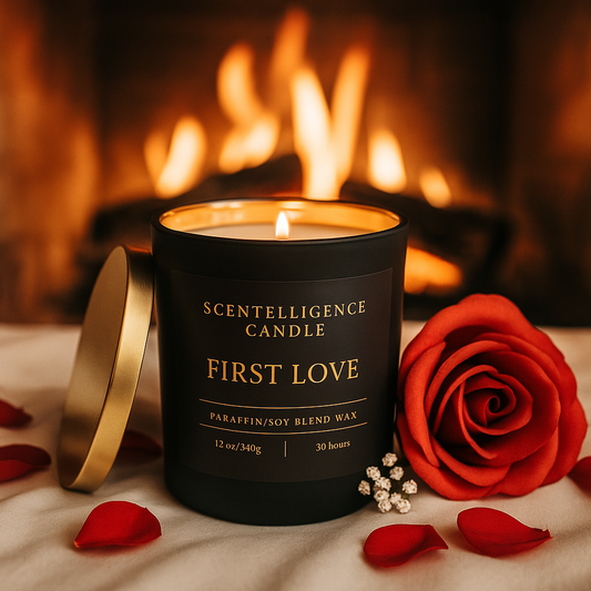 First Love candle glowing in a cozy fireplace lifestyle background, luxury matte black jar.